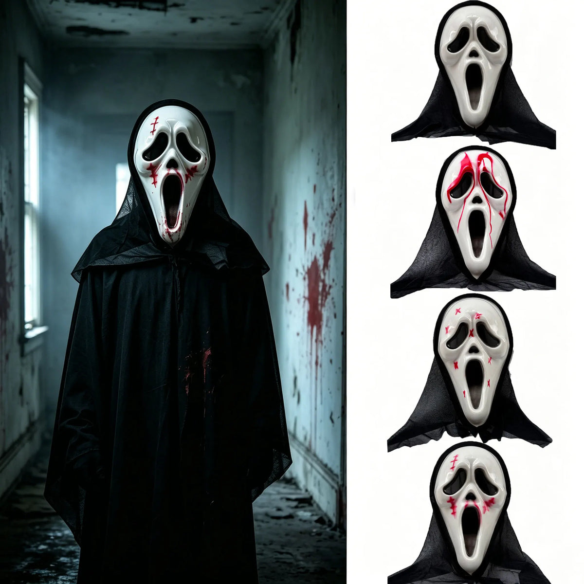 Ghost Horror Mask with Black Mesh Hood Full Face Mask for Halloween Cosplay Haunted House Carnival Party Costume Decor Prop