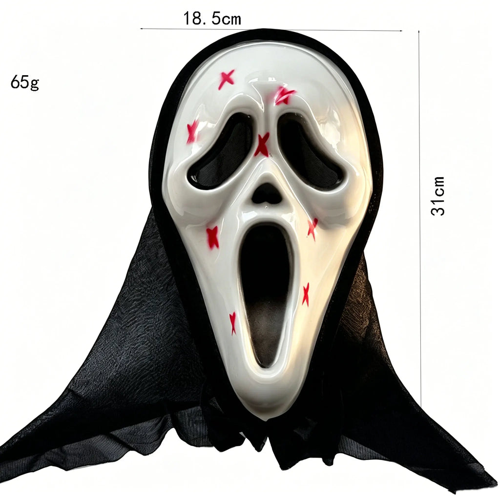 Ghost Horror Mask with Black Mesh Hood Full Face Mask for Halloween Cosplay Haunted House Carnival Party Costume Decor Prop