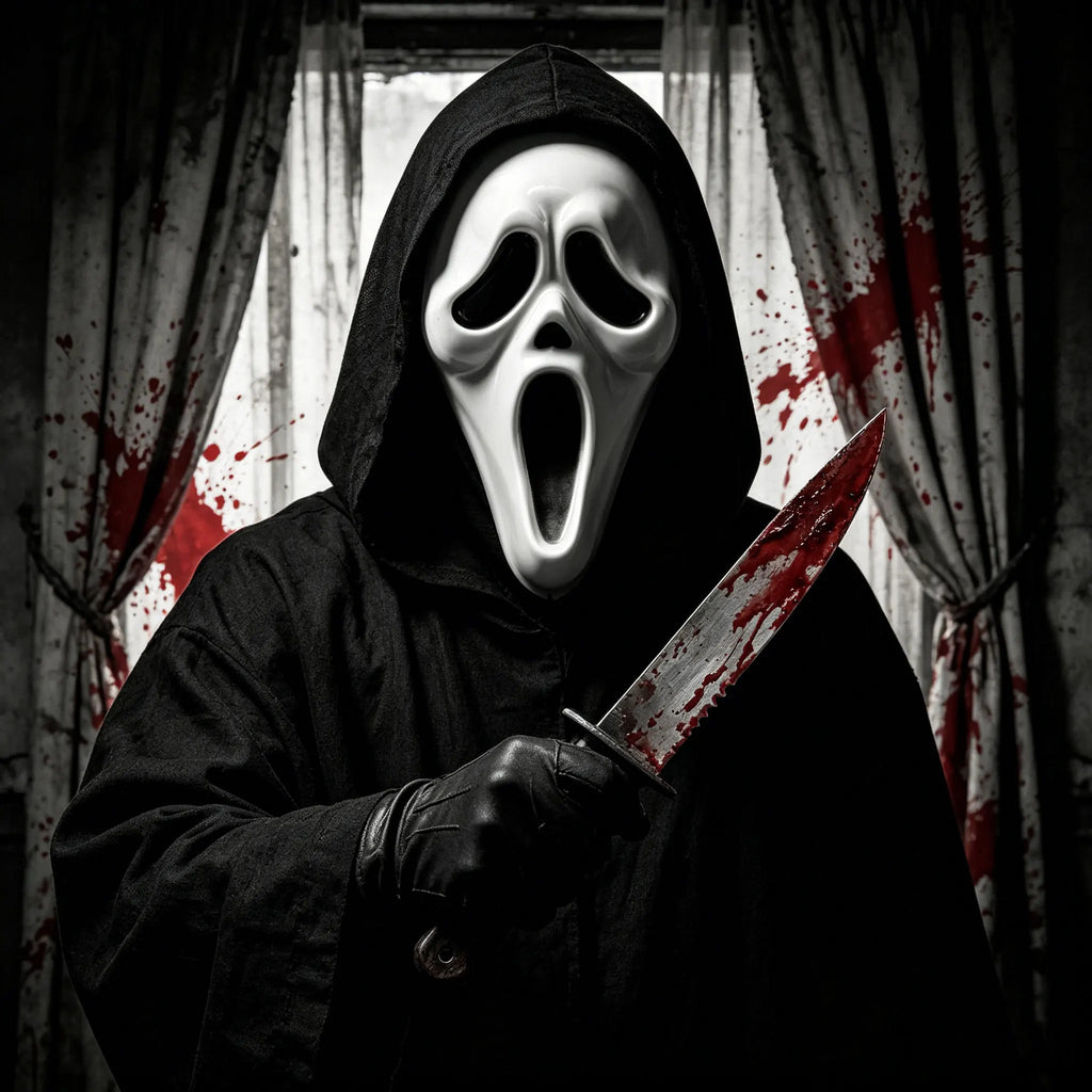 Ghost Horror Mask with Black Mesh Hood Full Face Mask for Halloween Cosplay Haunted House Carnival Party Costume Decor Prop