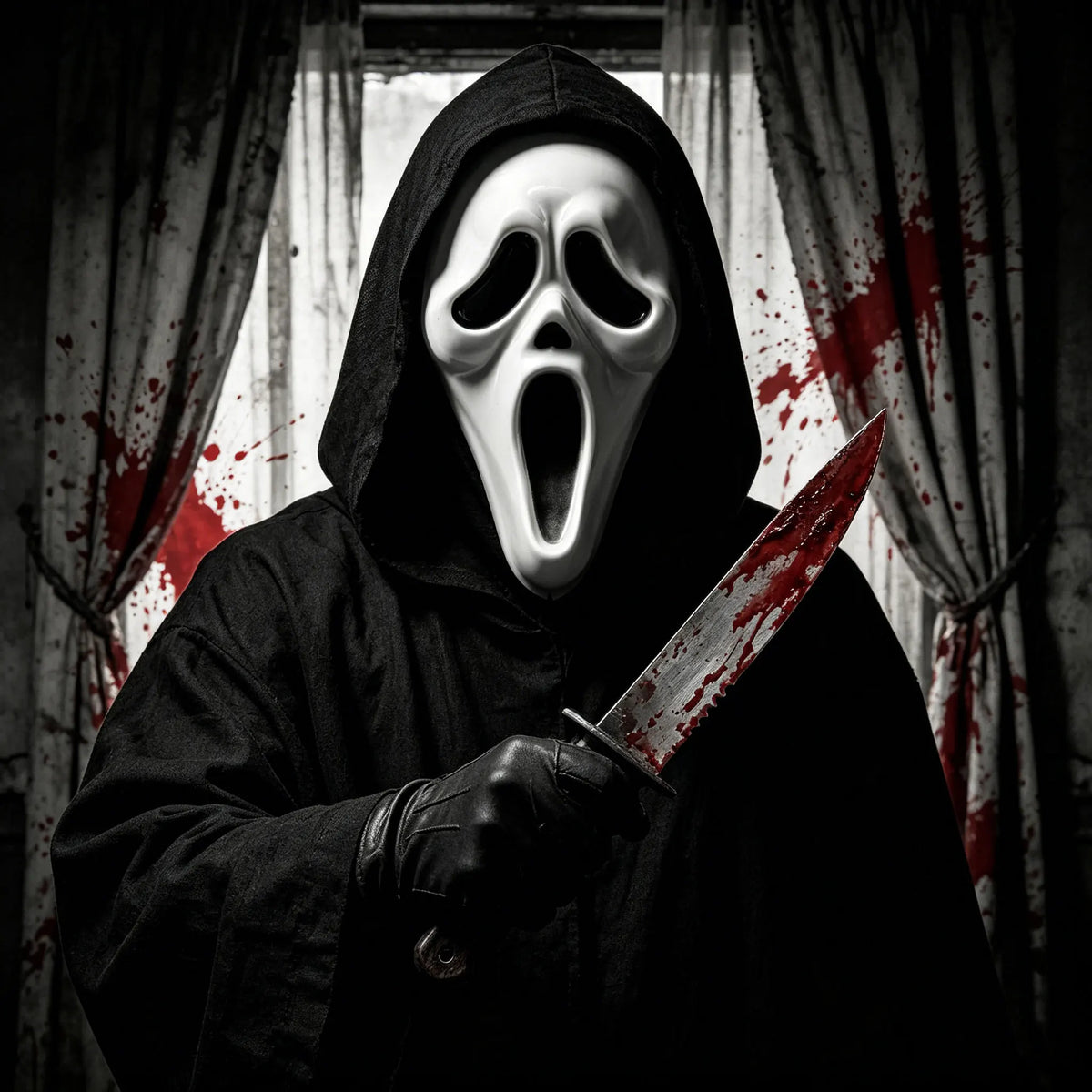 Ghost Horror Mask with Black Mesh Hood Full Face Mask for Halloween Cosplay Haunted House Carnival Party Costume Decor Prop