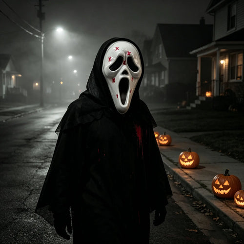 Ghost Horror Mask with Black Mesh Hood Full Face Mask for Halloween Cosplay Haunted House Carnival Party Costume Decor Prop