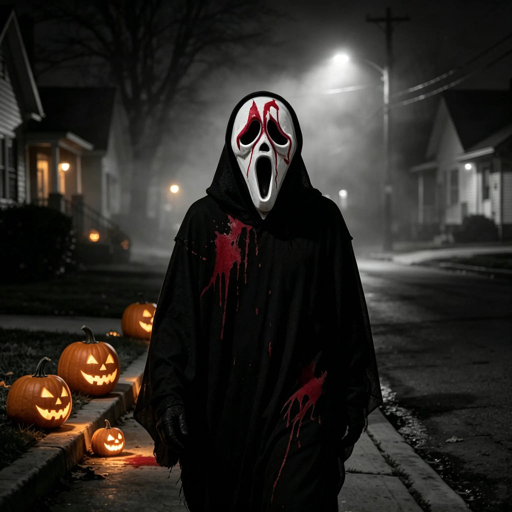 Ghost Horror Mask with Black Mesh Hood Full Face Mask for Halloween Cosplay Haunted House Carnival Party Costume Decor Prop