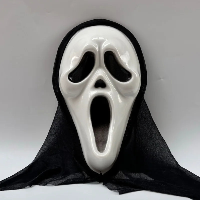 Ghost Horror Mask with Black Mesh Hood Full Face Mask for Halloween Cosplay Haunted House Carnival Party Costume Decor Prop