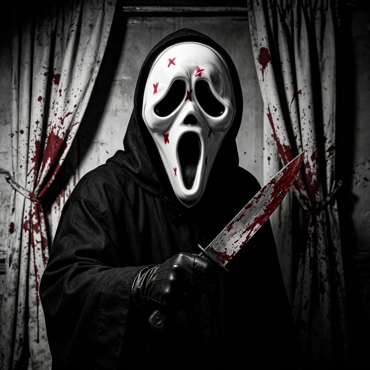 Ghost Horror Mask with Black Mesh Hood Full Face Mask for Halloween Cosplay Haunted House Carnival Party Costume Decor Prop